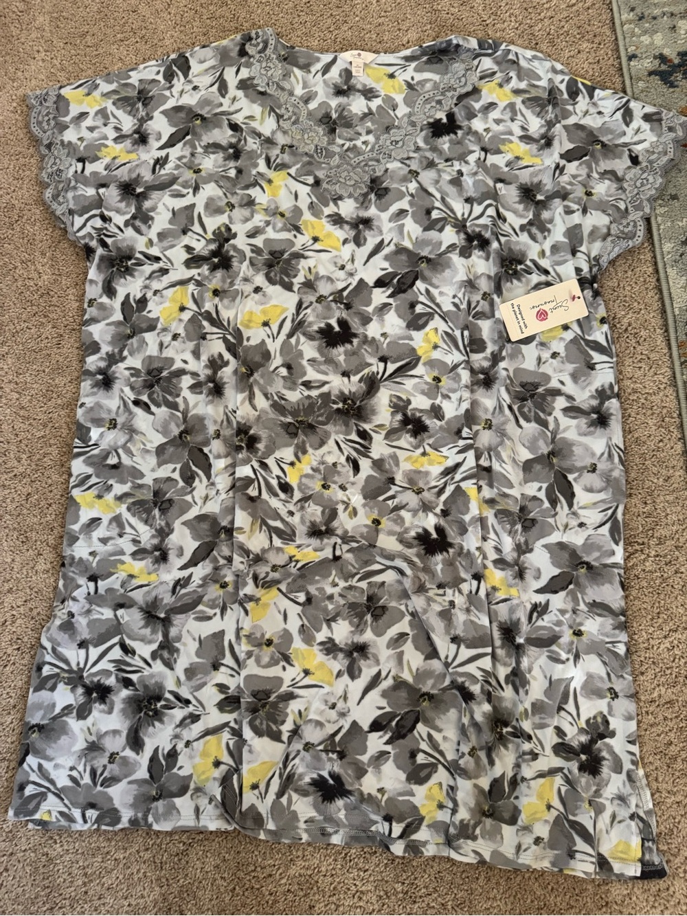 Secret Treasures Gray Floral Nightgown with Yellow Accents